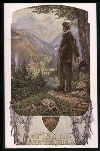 AK Deutscher Schulverein Nr. 1044: Täler mit Höhen!, Wandersmann schaut ins Tal