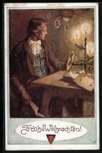 AK Deutscher Schulverein NR 539: junger Mann sitzt allein vor einem Tannenbäumchen