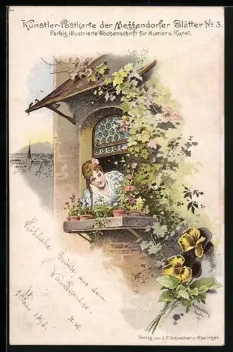 Künstler-AK Meggendorfer Blätter Nr. 3: Mädchen schaut aus dem Fenster, Stiefmütterchen