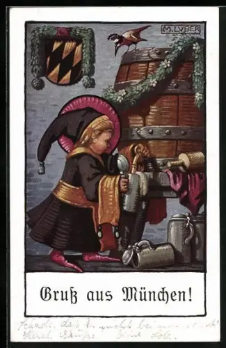 Künstler-AK Max Luber Gruss aus München, Münchner Kindl beim Bier zapfen