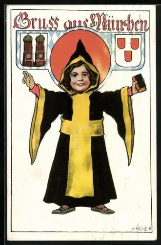 Künstler-AK P.O.Engelhard (P.O.E.): Münchner Kindl mit Bibel, Frauentürme