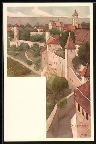 Künstler-AK Karl Mutter: Rothenburg o. d. Tauber, Teilansicht der Stadtmauer