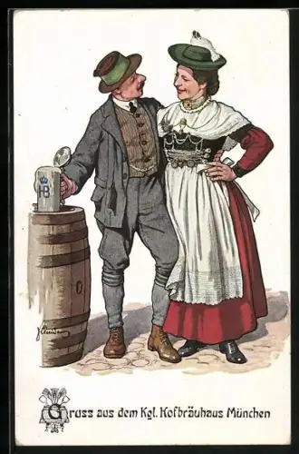Künstler-AK Münchner Hofbräuhaus, Maid in Tracht und Herr in Knickerbockern
