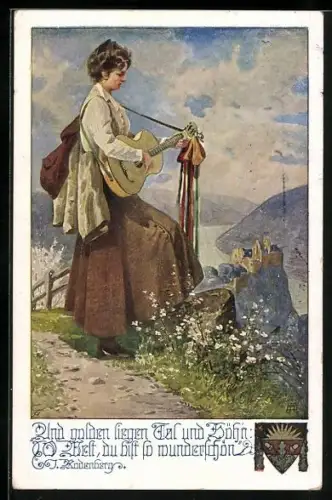 AK Deutscher Schulverein NR: 1071, Frau mit Gitarre hoch überm Rhein