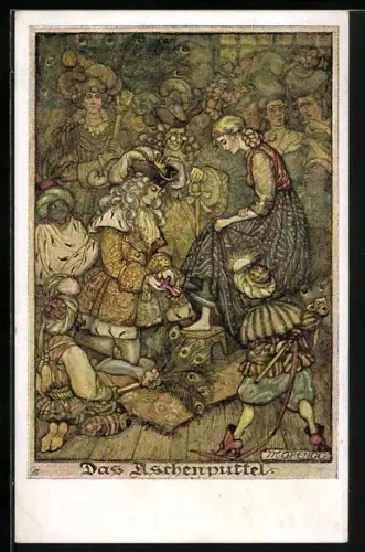 AK Deutscher Schulverein Nr. 1256: Prinz probiert Aschenputtels Schuh an, Märchen