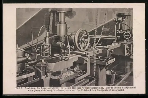 AK Hannover-Linden, HANOMAG, Neben jedem Stangenkopf eine Schablone, nach der der Fräskopf den Stangenkopf ausarbeitet