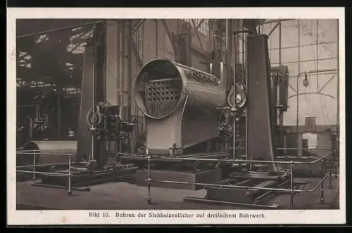 AK Herstellung eines Lokomotivkessels, Bohren der Stehbolzenlöcher auf dreifachem Bohrwerk