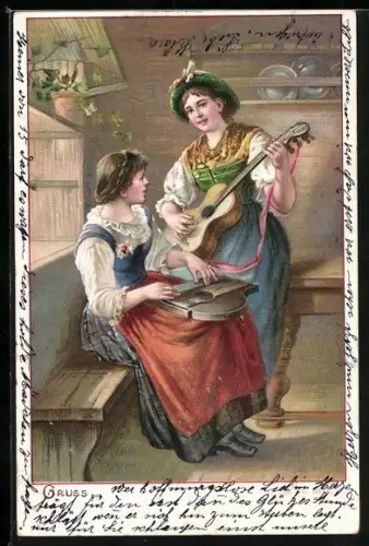 AK Trachtenmädchen musizieren mit Zither & Gitarre