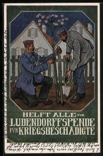 AK Kriegshilfe, Soldaten beim Baum pflanzen