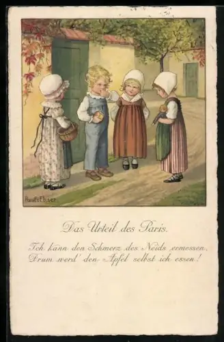 Künstler-AK Pauli Ebner: Das Urteil des Paris, Junge mit einem Apfel