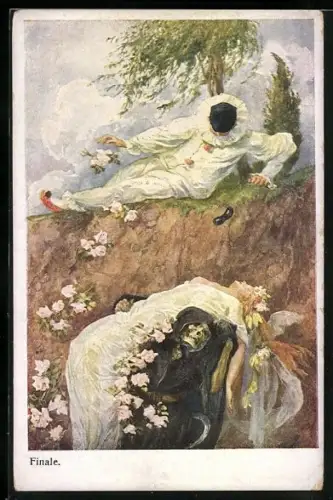 Künstler-AK Finale, Tod entführt Mädchen, Harlekin schaut zu