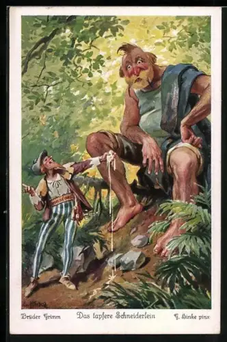 Künstler-AK sign. G. Hinke: Das tapfere Schneiderlein beim Treffen mit einem Riesen