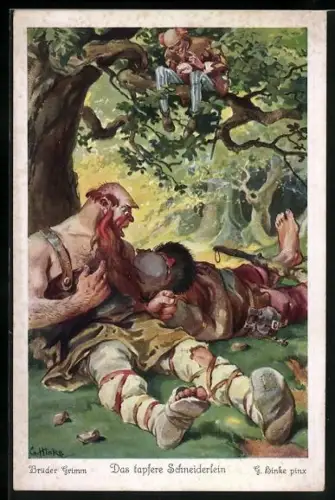 Künstler-AK sign. G. Hinke: Märchen Brüder Grimm, Das tapfere Schneiderlein, Riesen unter Baum