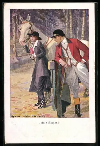 Künstler-AK Robert Sedlacek: Junge Dame macht sich für den Ausritt bereit