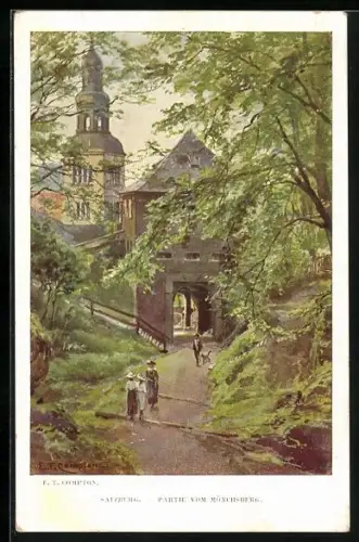 Künstler-AK Edward Theodore Compton: Salzburg, Partie vom Münchsberg, Kirche