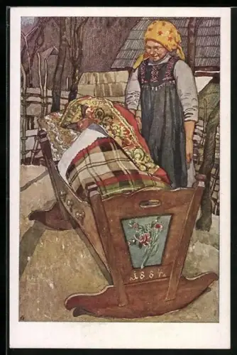 Künstler-AK Leopold Resch: Kärntner Trachtenbilder, Fatschpoper in der Wiagn