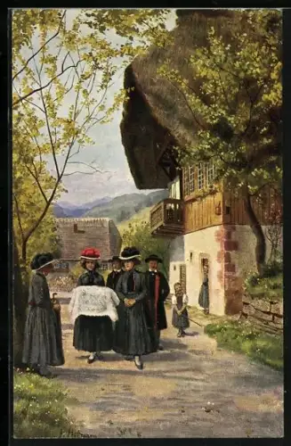 Künstler-AK H. Hoffmann: Familie bei der Kindtaufe in traditioneller Tracht