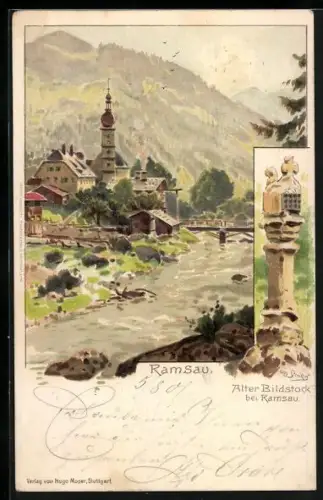 Künstler-AK Otto Strützel: Ramsau, Alter Bildstock mit Blick zum Ort