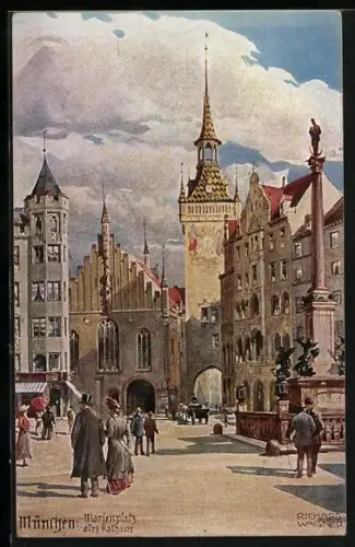 Künstler-AK Richard Wagner: München, Altes Rathaus auf dem Marienplatz