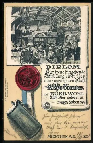 AK Diplom Münchner Hofbräuhaus mit Siegel und Bierkrug