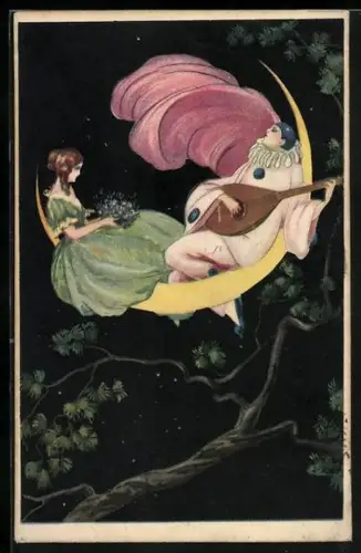 AK Art Deco, Harlekin mit Laute und Frau auf dem Mond