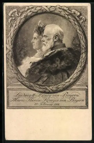 Künstler-AK Königin Maria Therese von Bayern nebst Ludwig III. v.Bayern im Pelzmantel, Profilbild 1918