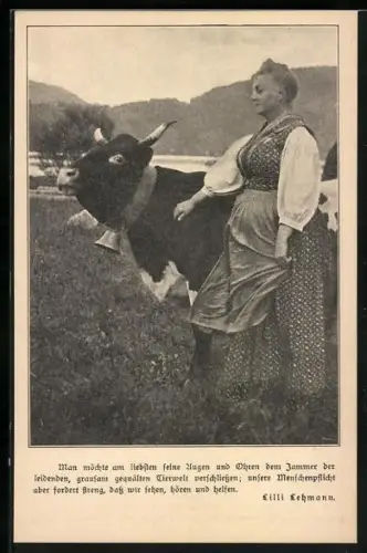 AK Bäuerin mit Kuh, Tierschutz-Zitat nach Lilli Lehmann