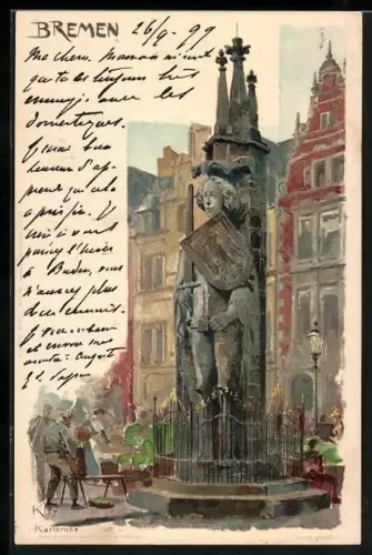 Künstler-Lithographie Heinrich Kley: Bremen, Roland mit Passanten
