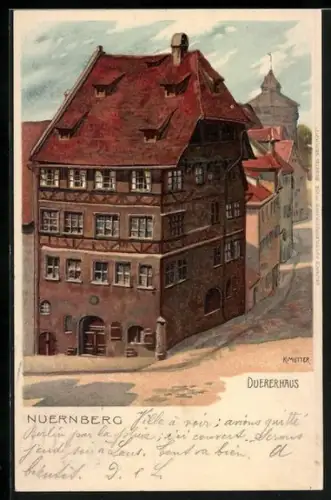 Künstler-AK K. Mutter: Nürnberg, Dürerhaus, Strassenansicht