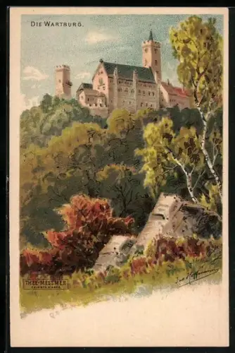 Lithographie Eisenach, die Wartburg mit umliegender Landschaft