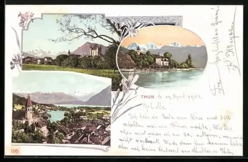 AK Thun, Ortsansicht mit Kirche, Wasserpartie mit Blick in den Ort