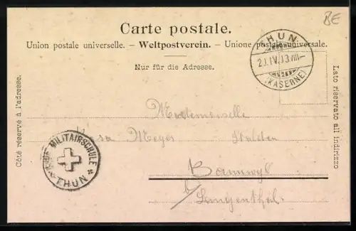 AK Thun, Ortsansicht mit Kirche, Wasserpartie mit Blick in den Ort