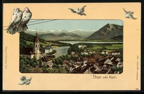 Passepartout-Lithographie Thun, Ortsansicht mit den Alpen