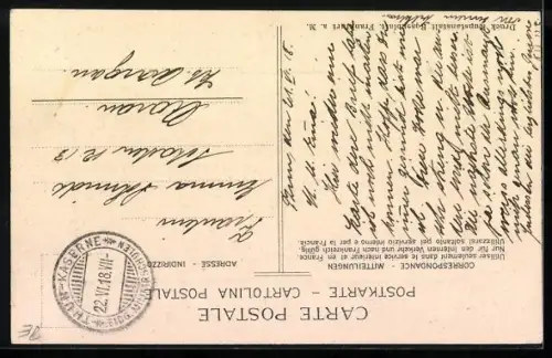 Passepartout-Lithographie Thun, Ortsansicht mit den Alpen