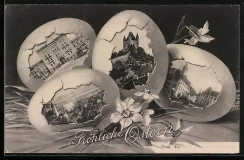 AK Thun, Strassenpartie, Ortspanorama, Ortsansichten in Ostereiern, Fröhliche Ostern