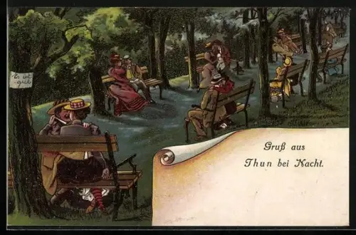 Künstler-AK Thun, Paare auf Bänken bei Nacht