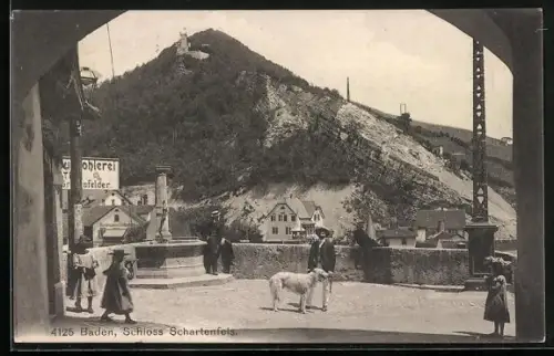 AK Baden, Blick zum Schloss Schartenfels, Brunnen