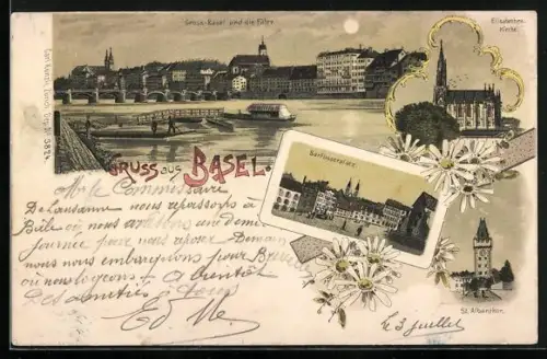 Lithographie Basel, Gross-Basel und die Fähre, Elisabethen-Kirche, Barfüsserplatz