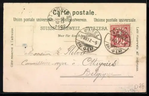 Lithographie Basel, Gross-Basel und die Fähre, Elisabethen-Kirche, Barfüsserplatz