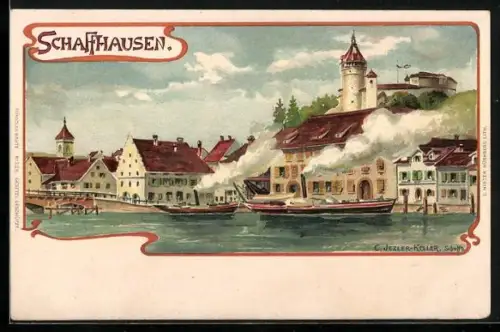 Lithographie Schaffhausen, Flusspartie mit Dampfern