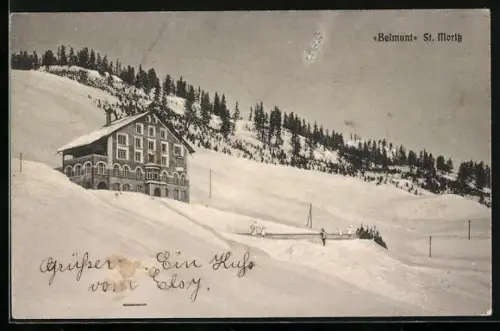 AK St. Moritz, Belmunt, Haus im Schnee, Eisbahn