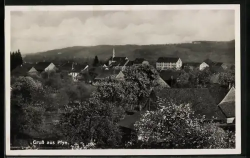 AK Pfyn, Ortsansicht aus der Vogelschau, mit Turmgebäude