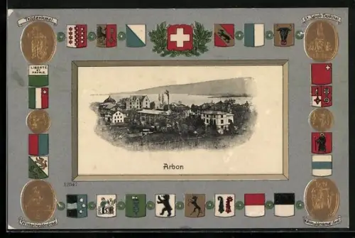 Präge-AK Arbon, Ortsansicht mit Wasserblick, Kantonswappen, Denkmäler, Schweizer Wappen