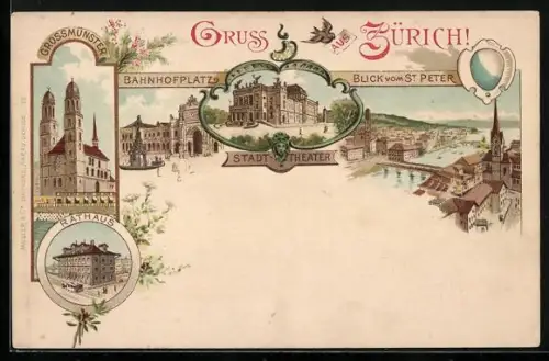 Lithographie Zürich, Bahnhofplatz, Stadttheater, Rathaus