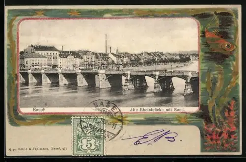 Lithographie Basel, Alte Rheinbrücke mit Stadtpanorama, Unterwasser-Passepartout mit Goldfisch