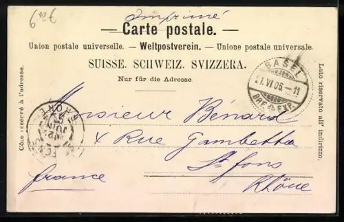 Lithographie Basel, Alte Rheinbrücke mit Stadtpanorama, Unterwasser-Passepartout mit Goldfisch