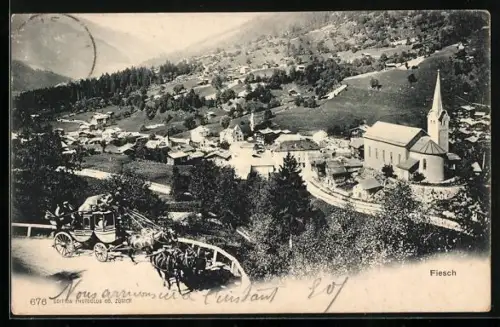 AK Fiesch, Gesamtansicht mit Kutsche und Kirche aus der Vogelschau