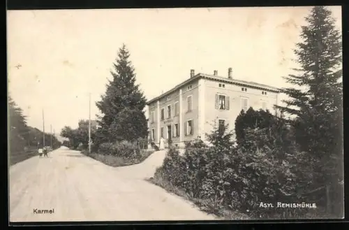 AK Remismühle, Strassenpartie am Gasthaus Karmel