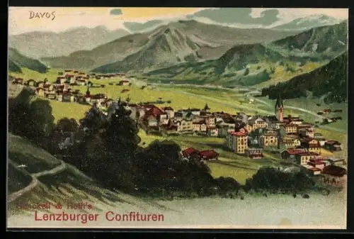 Künstler-AK Davos, Ortsansicht, Reklame für Lenzburger Confituren