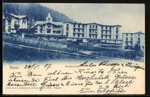 AK Davos, Sanatorium mit Anlagen, Panorama
